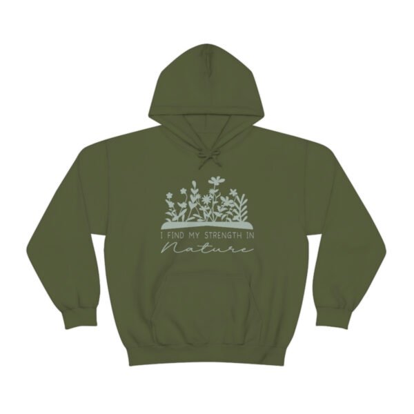 I find my strength in Nature, green hoodie with botanical print.