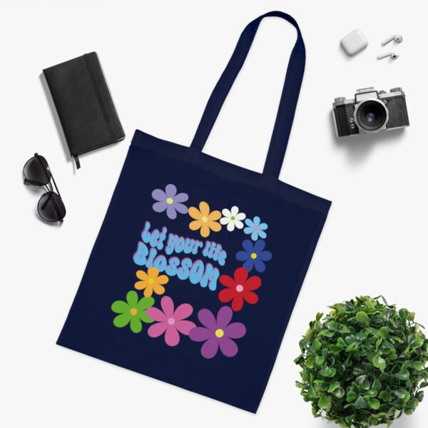 Let your life blossom Tote bag, Vintage flower power inspirational tote shoulder bag, reusable bag, bright colours printed Cotton Tote - Image 3