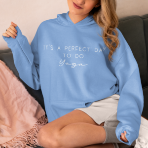 It's a perfect day to do Yoga, a soft warm and cosy cotton hoodie in the colour Carolina Blue. This Yoga Hoodie is bound to become a favourite with it's fresh and minimalist design