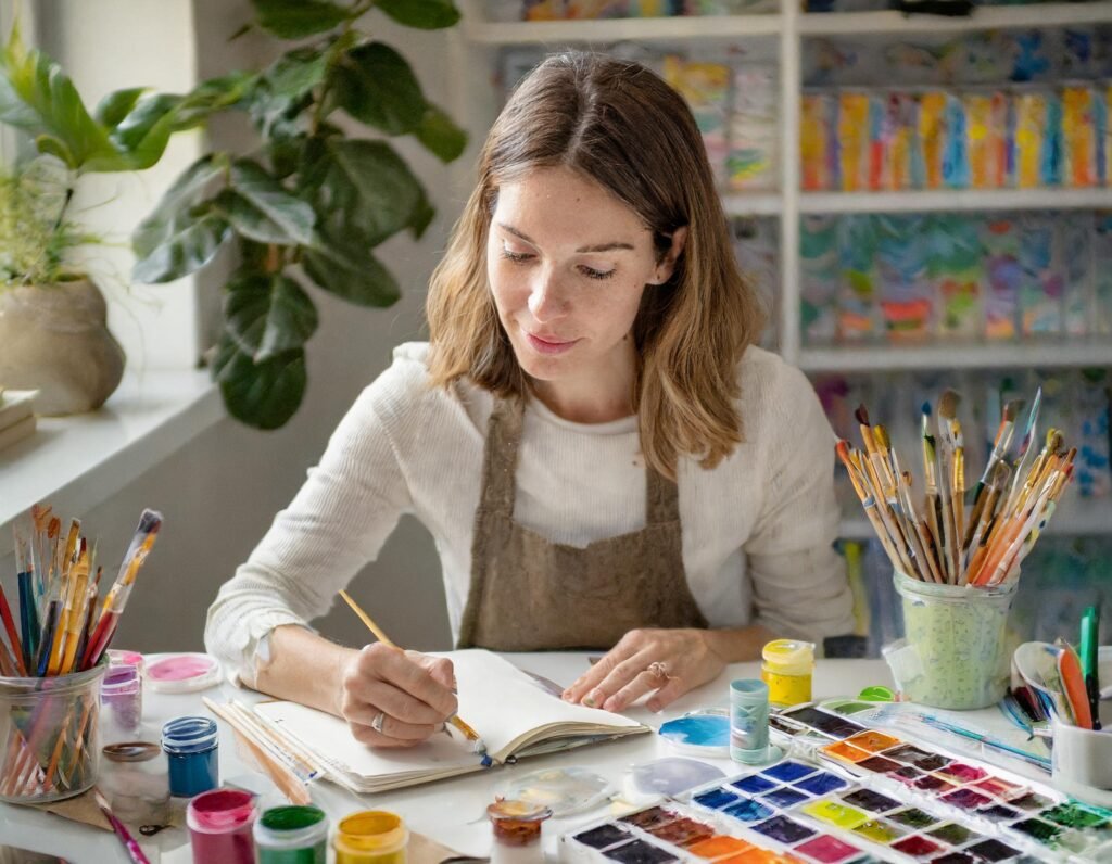 a girl drawing in her art journal surrounded by paints and artists material