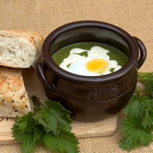 Nettle soup served in a Höganäs pot with seeded bread