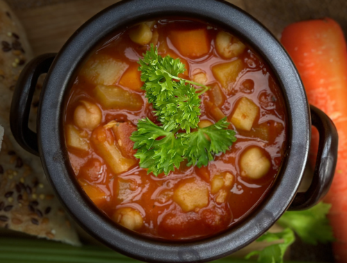 Harissa and chickpea soup, a lovely bowl of warming comfort food